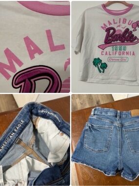 Barbie White Top with Pink Graphics and Blue Denim Shorts